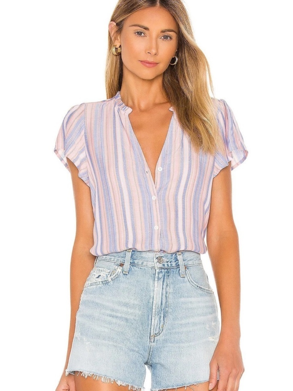 PAIGE Remy Striped Flutter Sleeve Button Front Top Medium - Picture 2 of 7